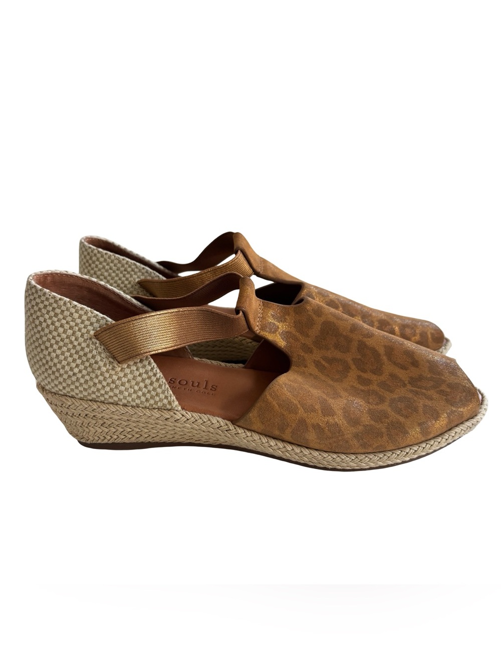 Gentle Souls Leopard Print Brown Peep-Toe Slingback Wedges Sz 8.5